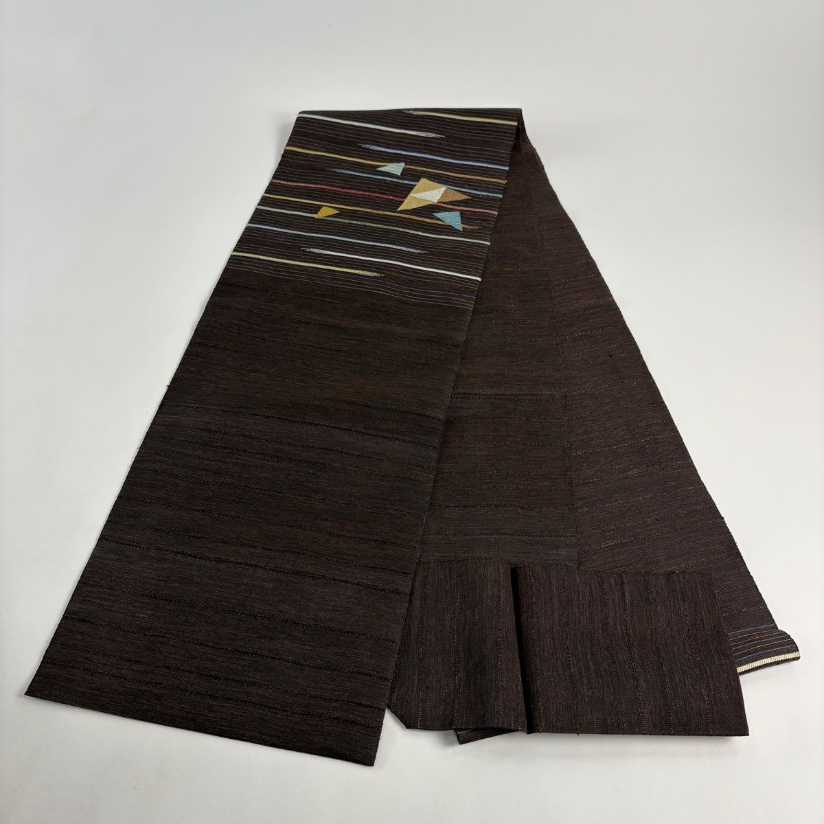 名古屋帯 秀品 八寸名古屋帯 松葉仕立て 縞 鱗文 銀糸 焦茶色 正絹