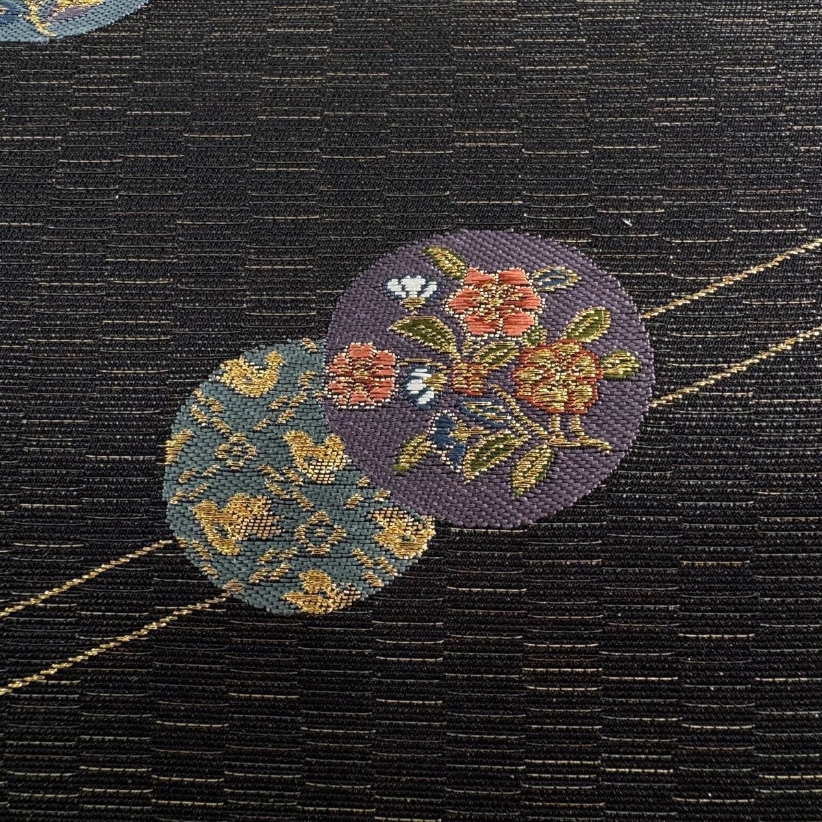 袋帯 秀品 花鳥 華文 金糸 箔 黒 六通 正絹