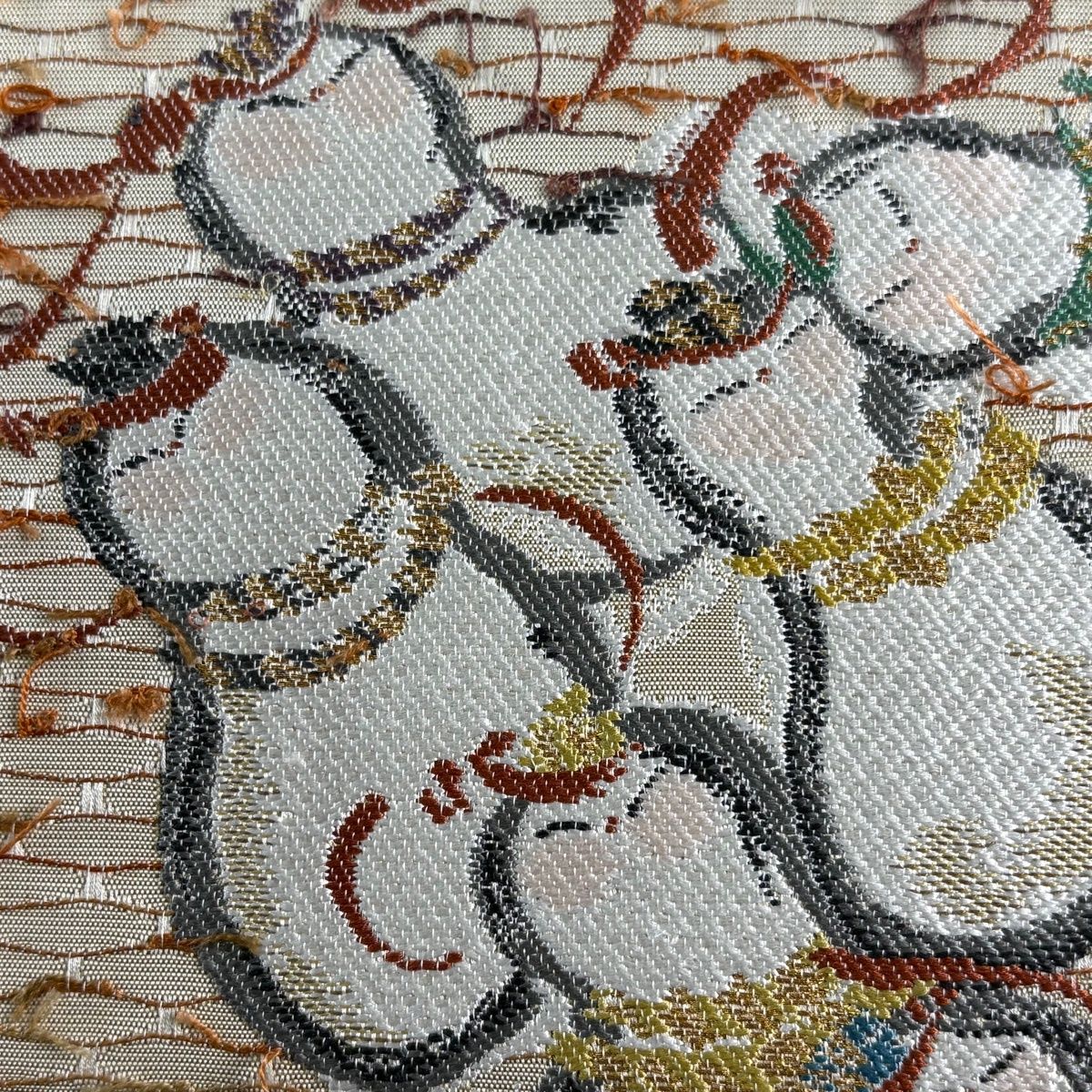 袋帯 秀品 落款 瓢箪 よろけ縞 箔 薄茶色 お太鼓柄 正絹