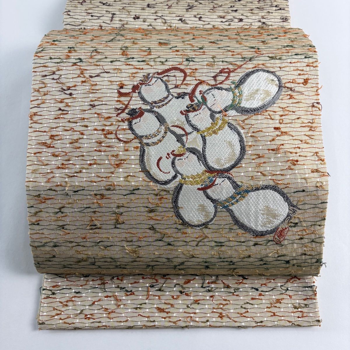 袋帯 秀品 落款 瓢箪 よろけ縞 箔 薄茶色 お太鼓柄 正絹