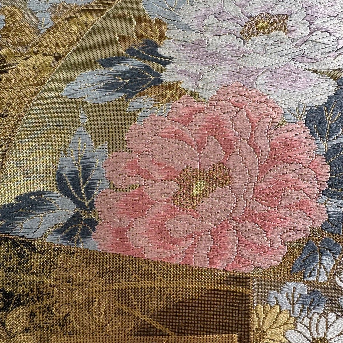 袋帯 秀品 扇面 牡丹 唐織 箔 金色 六通 正絹