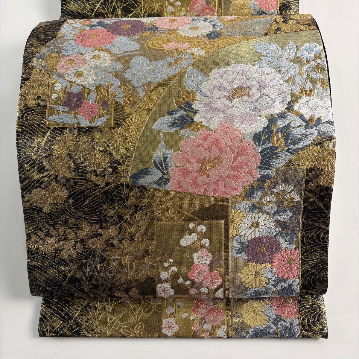 美品】 袋帯 秀品 扇面 牡丹 唐織 箔 金色 六通 正絹 【】