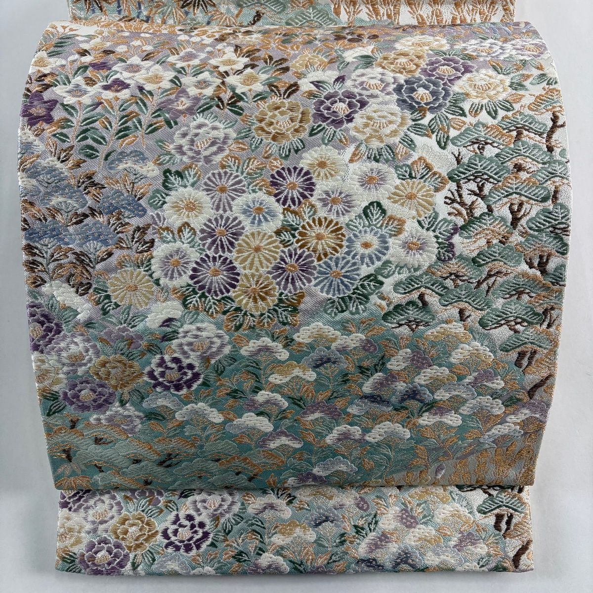 袋帯 秀品 笠松 菊 金糸 箔 薄緑 六通 正絹