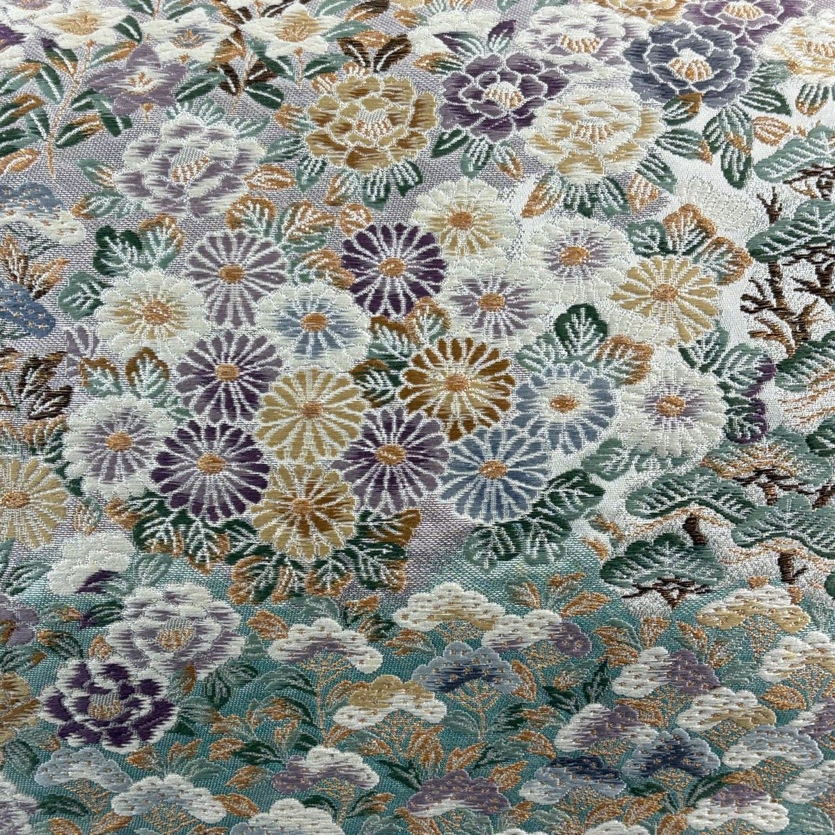 袋帯 秀品 笠松 菊 金糸 箔 薄緑 六通 正絹