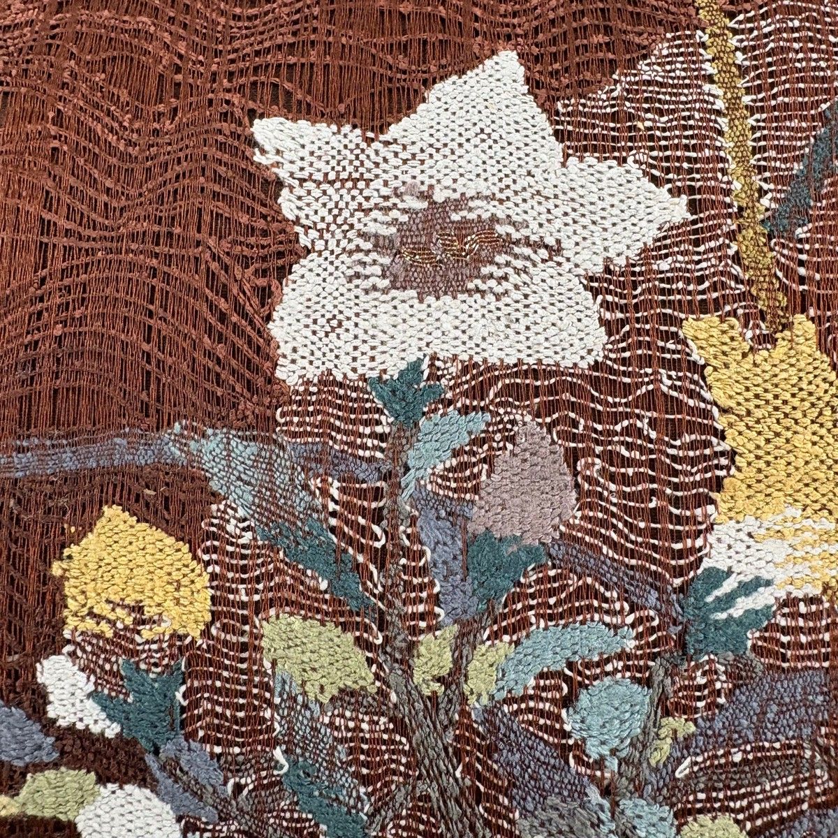 袋帯 秀品 萩 桔梗 金糸 赤茶 お太鼓柄 正絹