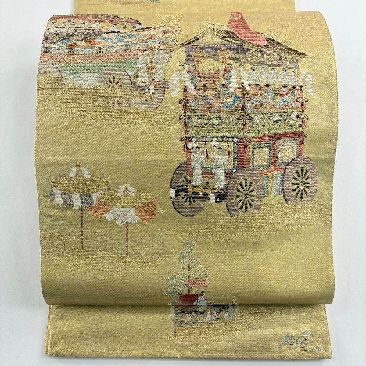 袋帯 秀品 落款 関西仕立て 祇園祭 山鉾図 箔 金色 六通 正絹
