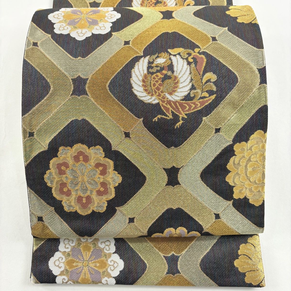 袋帯 秀品 鳳凰 華文 金銀糸 箔 灰色 六通 正絹