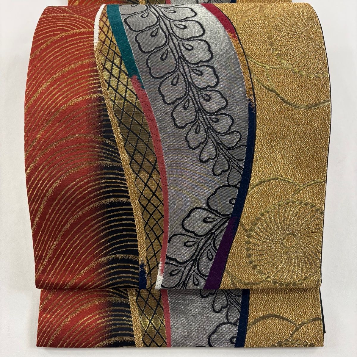 袋帯 秀品 梅 波 金銀糸 箔 赤茶 六通 正絹