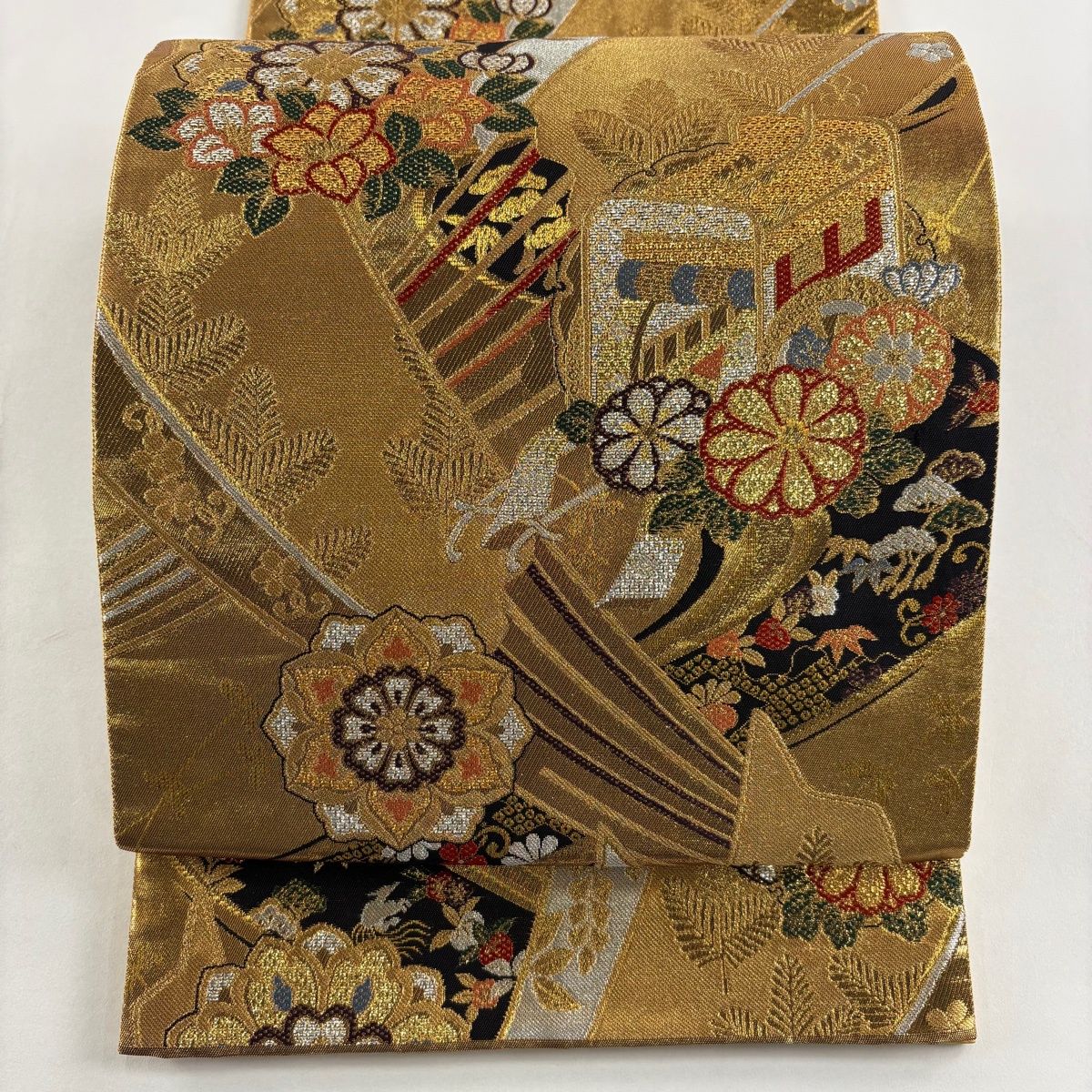 袋帯 秀品 御所車 松竹梅 金銀糸 箔 金色 六通 正絹
