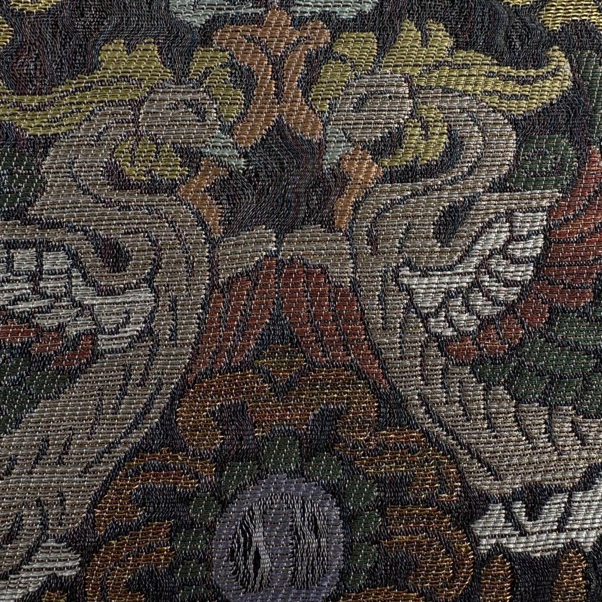 袋帯 秀品 向かい鳥 華文 金銀糸 箔 灰色 六通 正絹