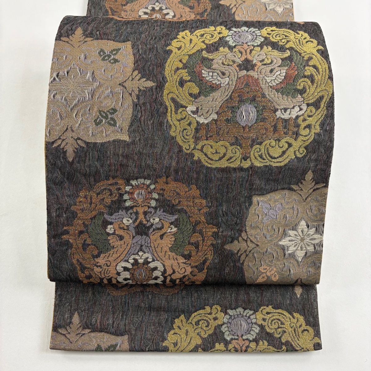 袋帯 秀品 向かい鳥 華文 金銀糸 箔 灰色 六通 正絹