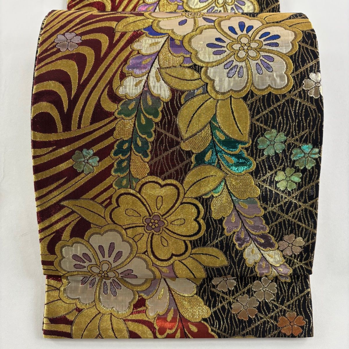 袋帯 秀品 振袖向き 桜 幾何学模様 金糸 箔 赤 六通 正絹