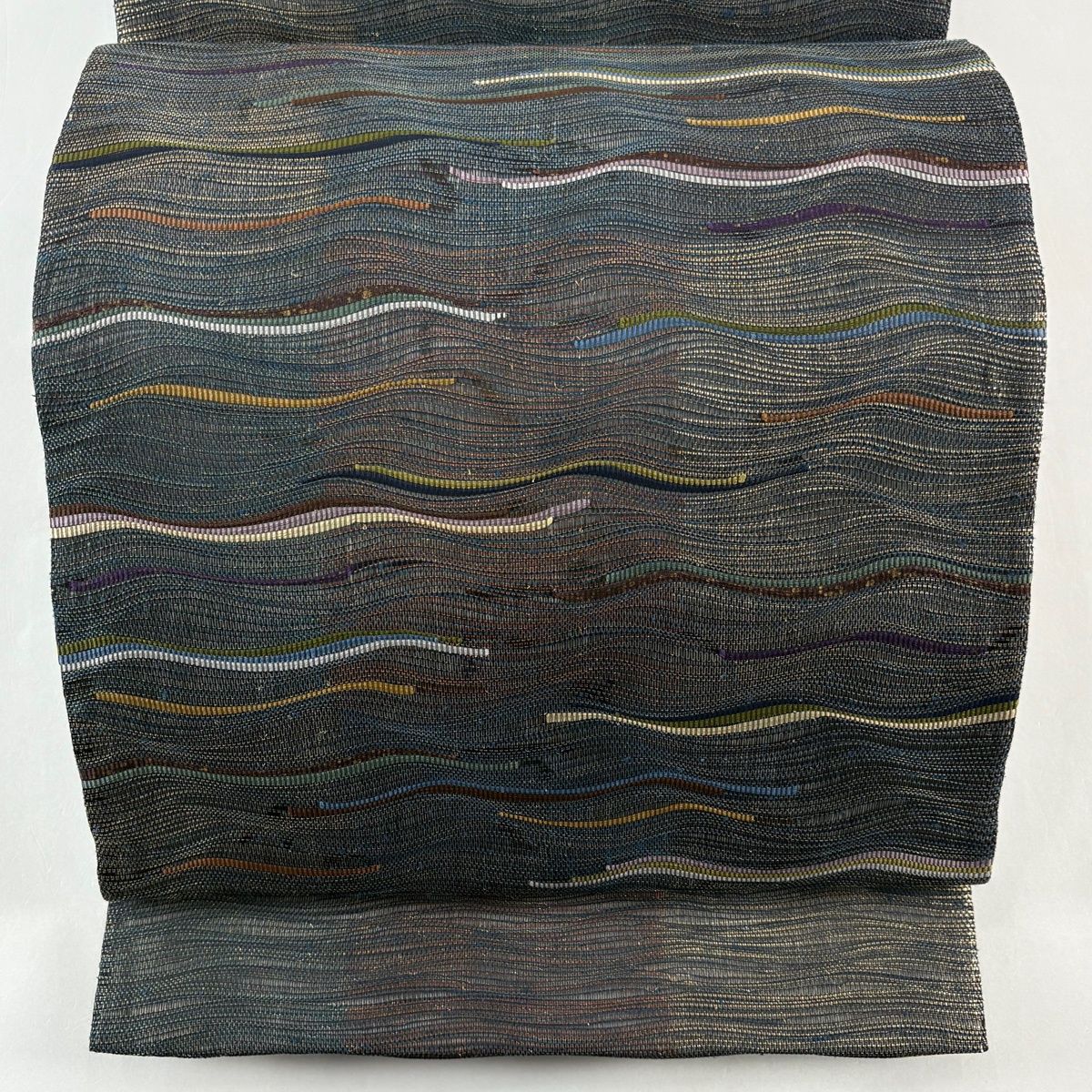 袋帯 秀品 まいづる 証紙 夏帯 よろけ縞 変わり市松 金糸 箔 濃紺 お太鼓柄 正絹