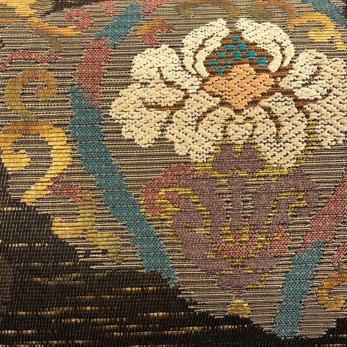 袋帯 秀品 花唐草 花菱 金糸 箔 焦茶色 六通 正絹