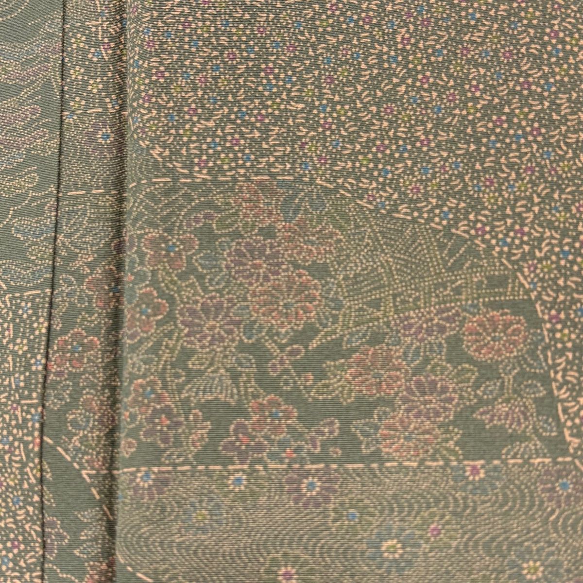 江戸小紋 身丈165.5 cm 裄丈65 M 袷 六谷博臣 落款 寄せ柄 松竹梅 灰緑 正絹 小紋 着物 着物 浴衣