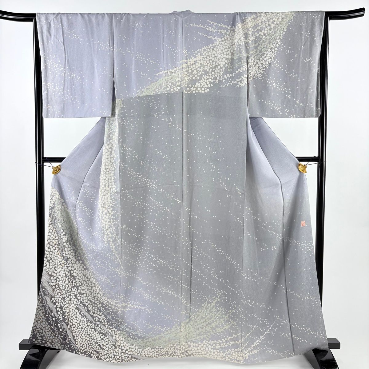 訪問着 身丈163 cm 裄丈67 M 袷 滝泰 落款 枝花 箔散らし柄 絞り 相良刺繍 灰紫 正絹 名品