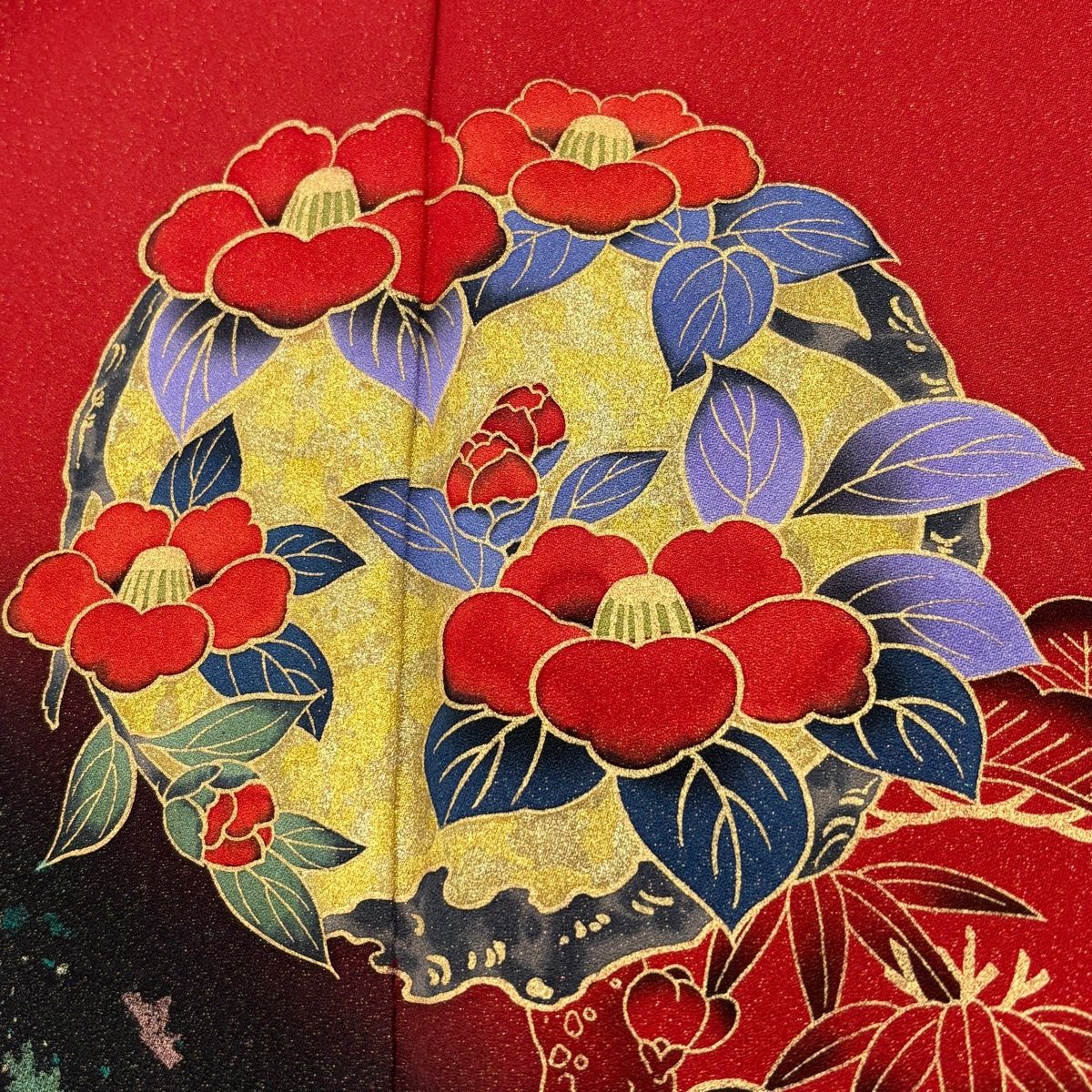  振袖 身丈166 cm 裄丈65 M 袷 花丸文 松竹梅 金通し 金彩 赤 正絹 振袖 着物