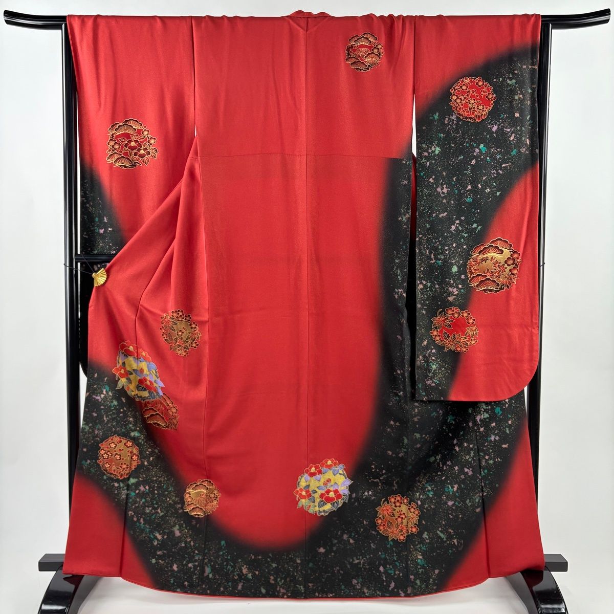 振袖 身丈166 cm 裄丈65 M 袷 花丸文 松竹梅 金通し 金彩 赤 正絹
