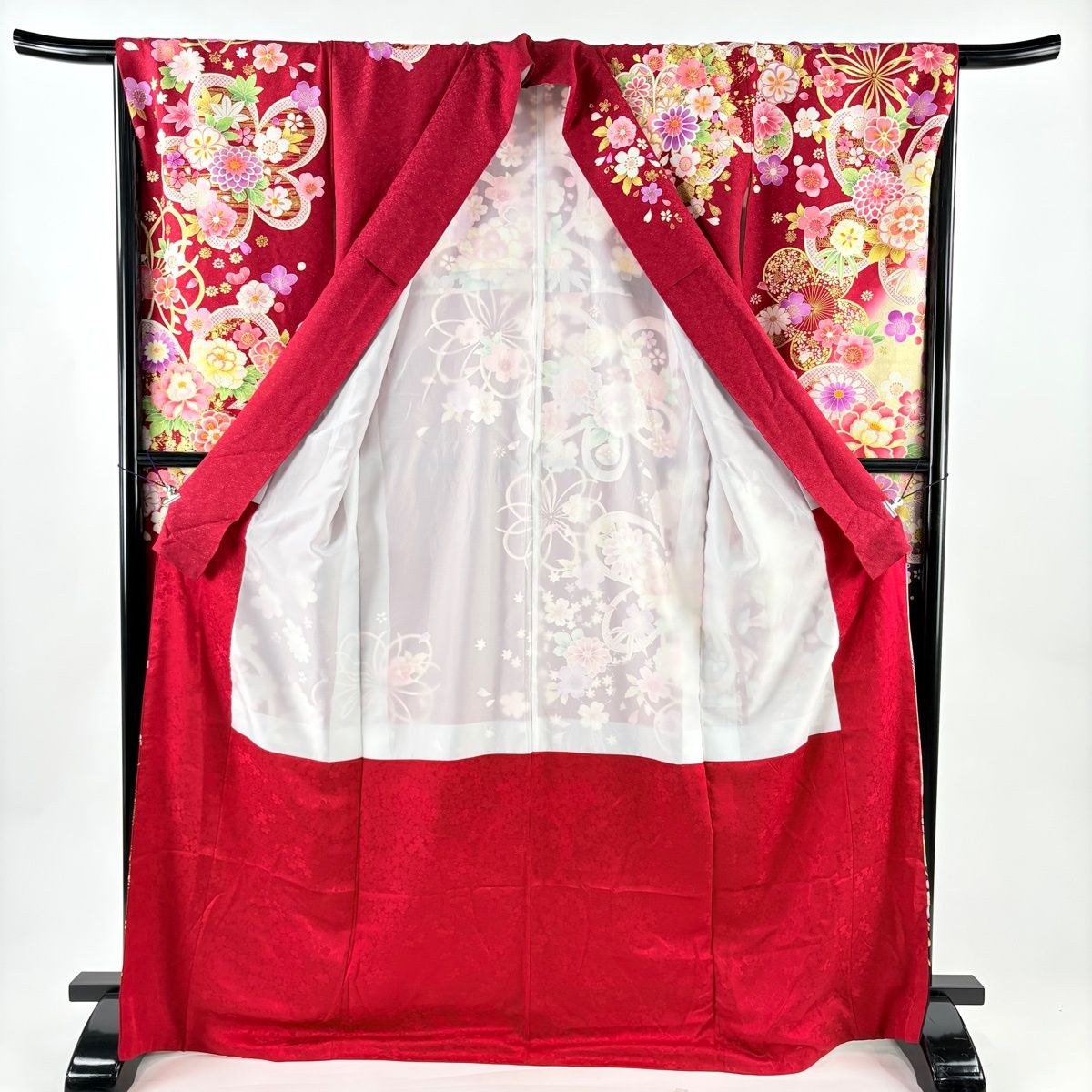 美品】 振袖 身丈168.5cm 裄丈68cm L 袷 牡丹 桜 箔 銀通し 赤 正絹