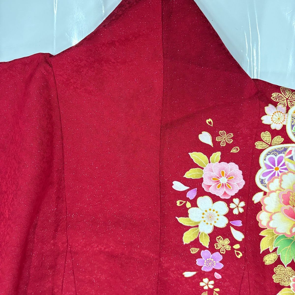 美品】 振袖 身丈168.5cm 裄丈68cm L 袷 牡丹 桜 箔 銀通し 赤 正絹