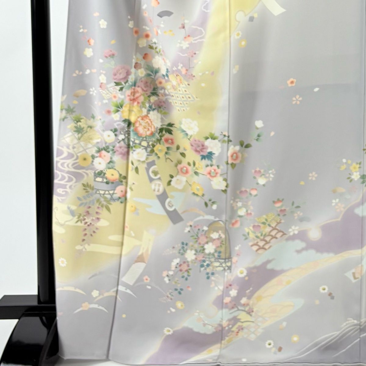 訪問着 身丈168.5 cm 裄丈69.5 L 袷 花籠 短冊 金糸 金彩 灰色 正絹 名品