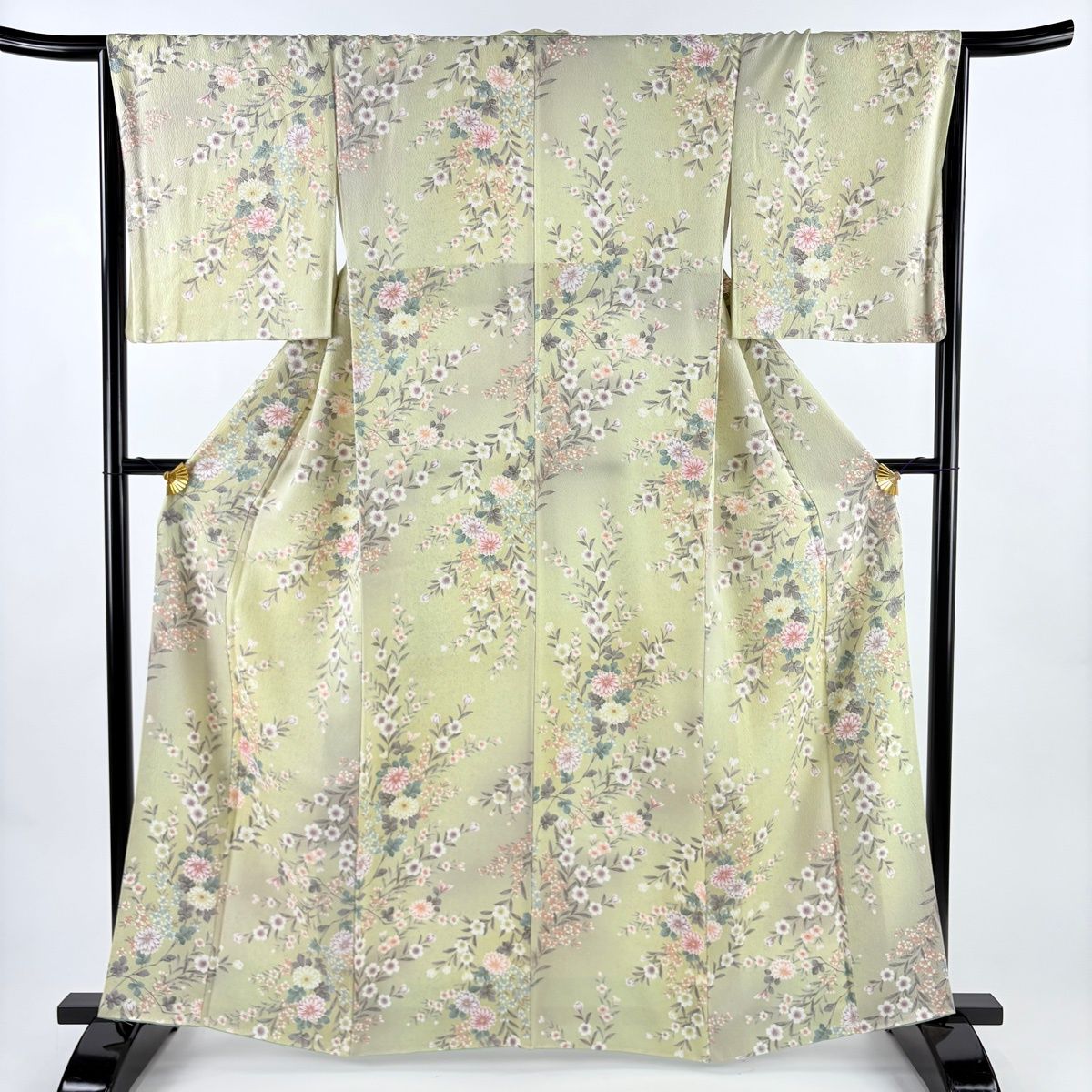 小紋 身丈162 cm 裄丈66.5 M 袷 草花 金彩 ぼかし 抹茶色 正絹