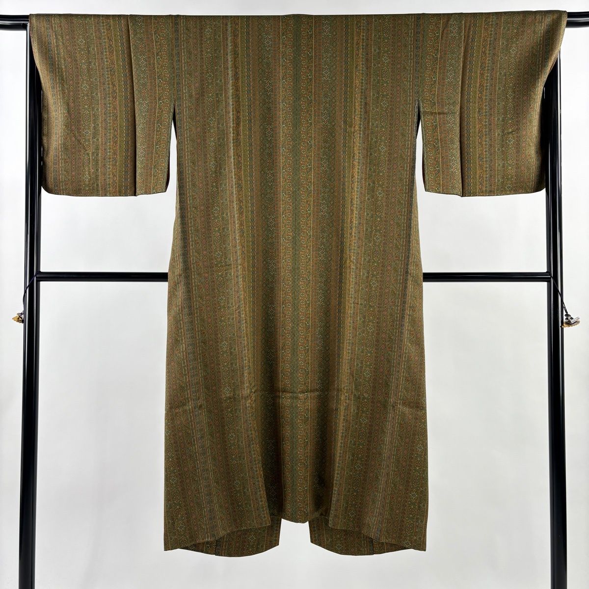 道中着 身丈131.5 cm 裄丈67 M 和装コート 草花 縞 茶緑色 正絹