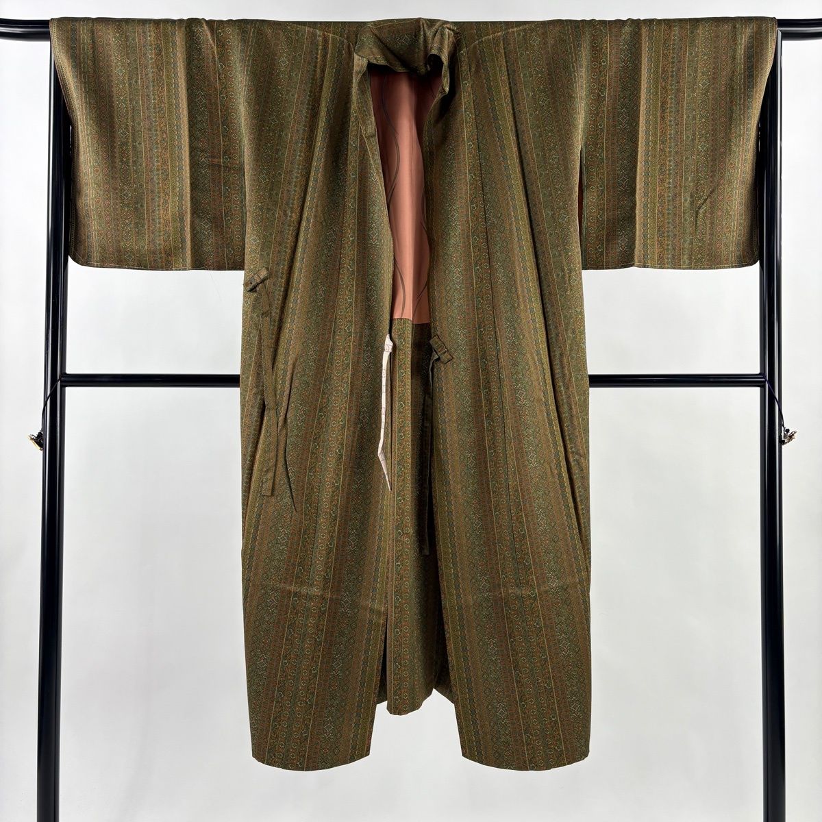  道中着 身丈131.5 cm 裄丈67 M 和装コート 草花 縞 茶緑色 正絹 羽織 着物 浴衣
