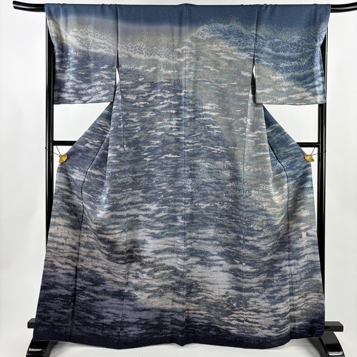訪問着 身丈167 cm 裄丈68 L 袷 落款 流水 霞 銀通し 金糸 青灰色 正絹 名品