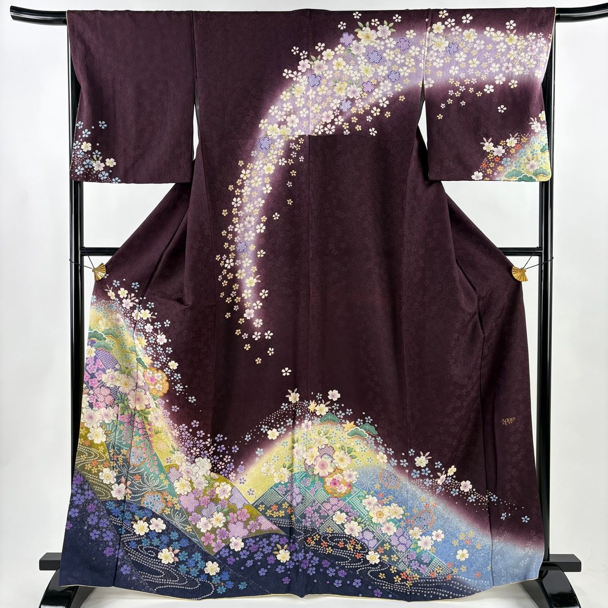 訪問着 身丈165cm 裄丈66.5cm M 袷 雪輪 桜 金彩 ぼかし 濃紫 正絹 名品 【】