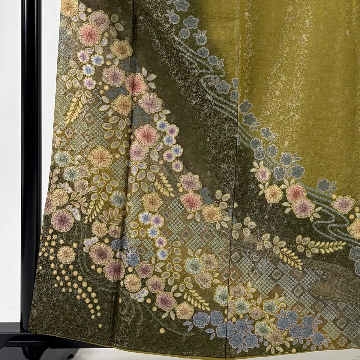 訪問着 身丈161 cm 裄丈66.5 M 袷 辻が花柄 銀通し 染め分け 茶緑色 正絹