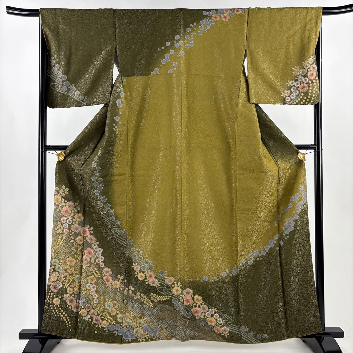 訪問着 身丈161 cm 裄丈66.5 M 袷 辻が花柄 銀通し 染め分け 茶緑色 正絹 名品