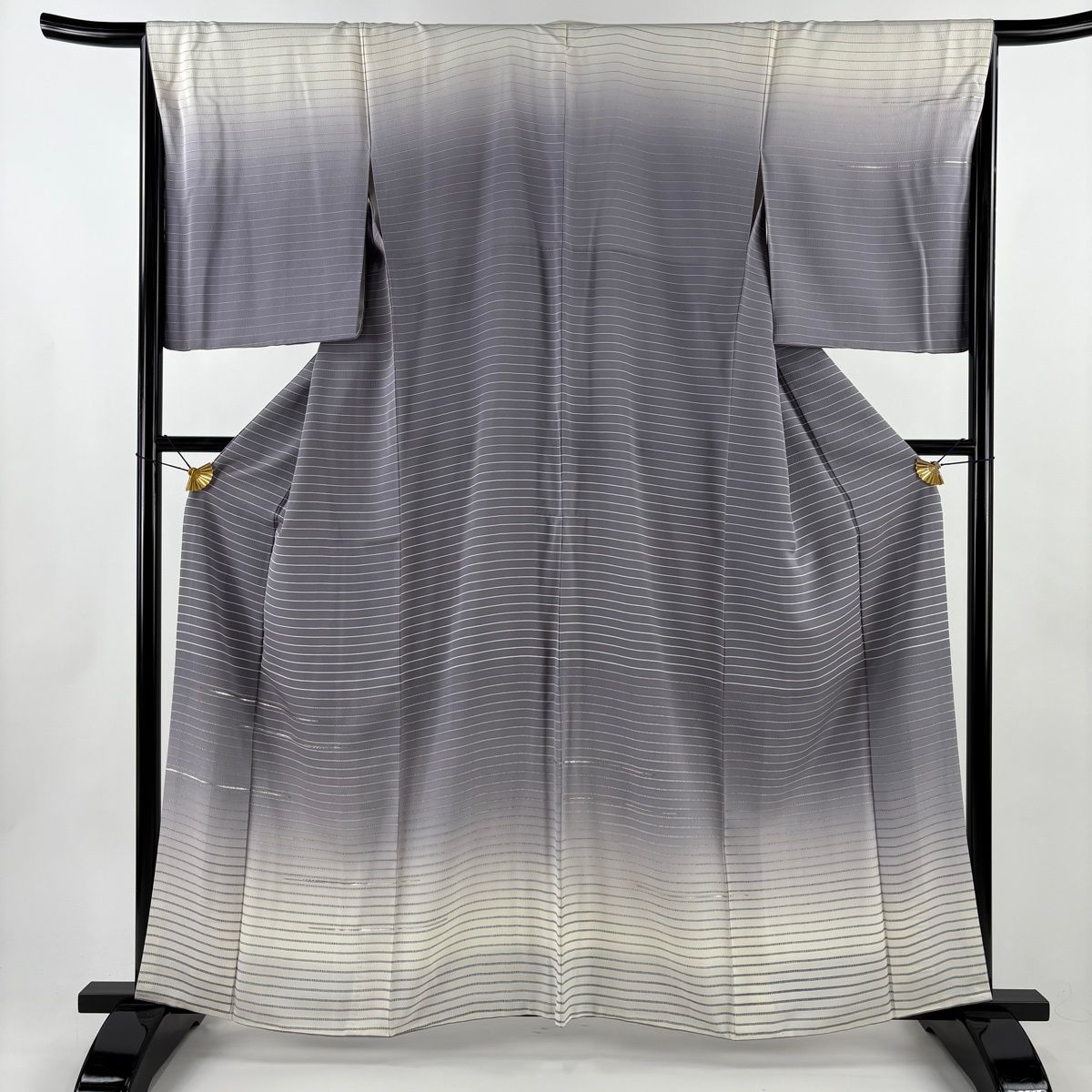 訪問着 身丈161 cm 裄丈66 M 袷 横縞 霞 銀彩 ぼかし 灰紫 正絹