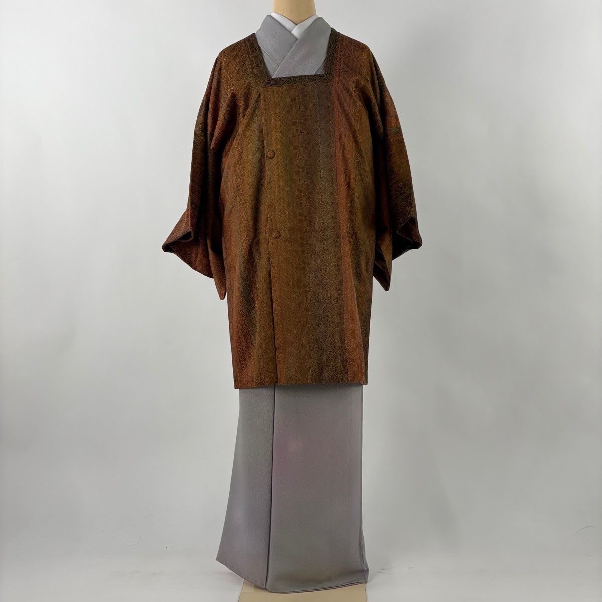 道行 身丈91 cm 裄丈64.5 M 和装コート 角衿 七宝 花 刺繍 赤茶 正絹 名品