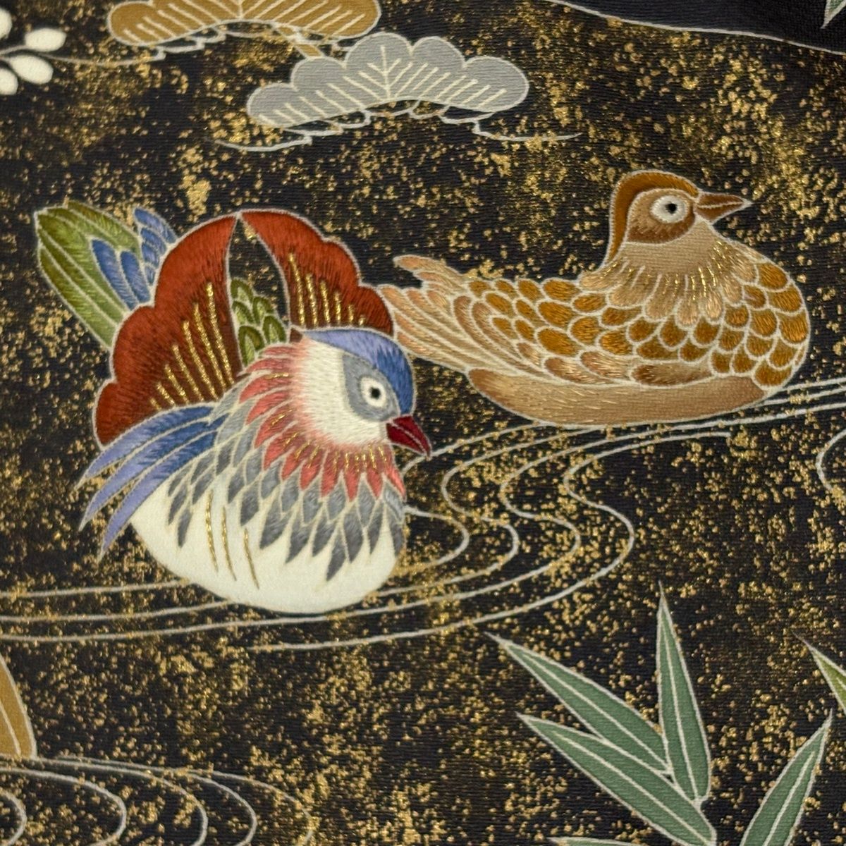  訪問着 身丈164 cm 裄丈66 M 袷 鴛鴦 松竹梅 金彩 刺繍 灰色 正絹 名品 訪問着 付け下げ 着物
