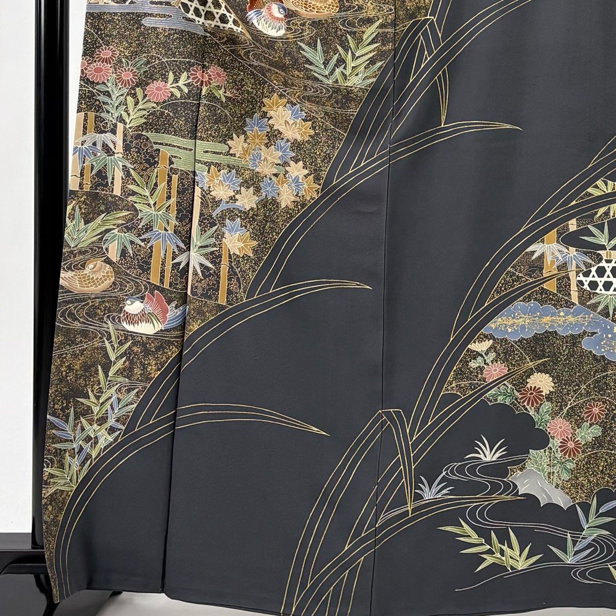 訪問着 身丈164 cm 裄丈66 M 袷 鴛鴦 松竹梅 金彩 刺繍 灰色 正絹