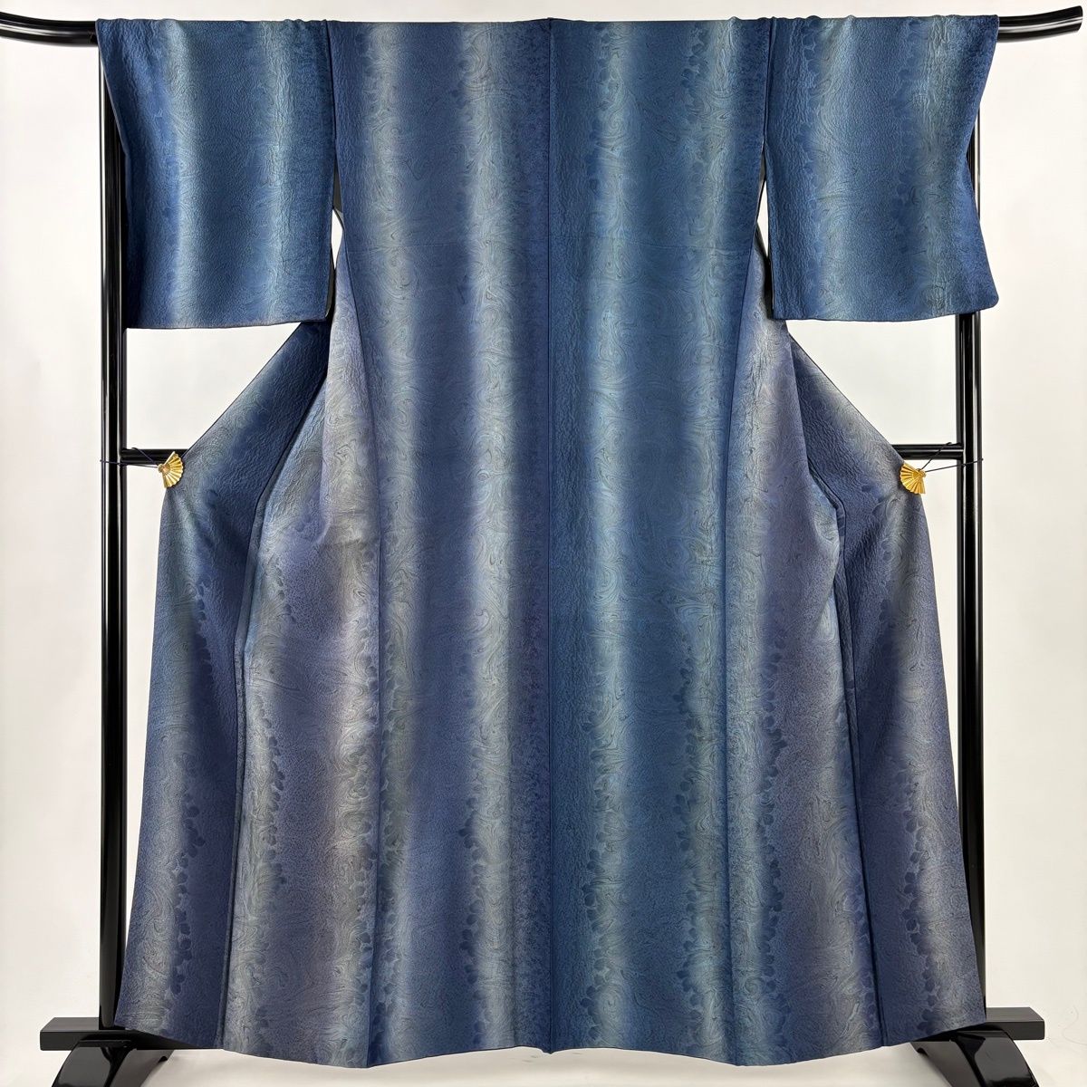 小紋 身丈160 cm 裄丈69 L 袷 墨流し 地紋 ぼかし 藍色 正絹