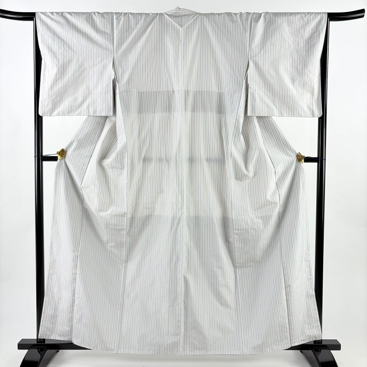 紬 身丈161 cm 裄丈67.5 L 袷 縦縞 白 正絹 名品