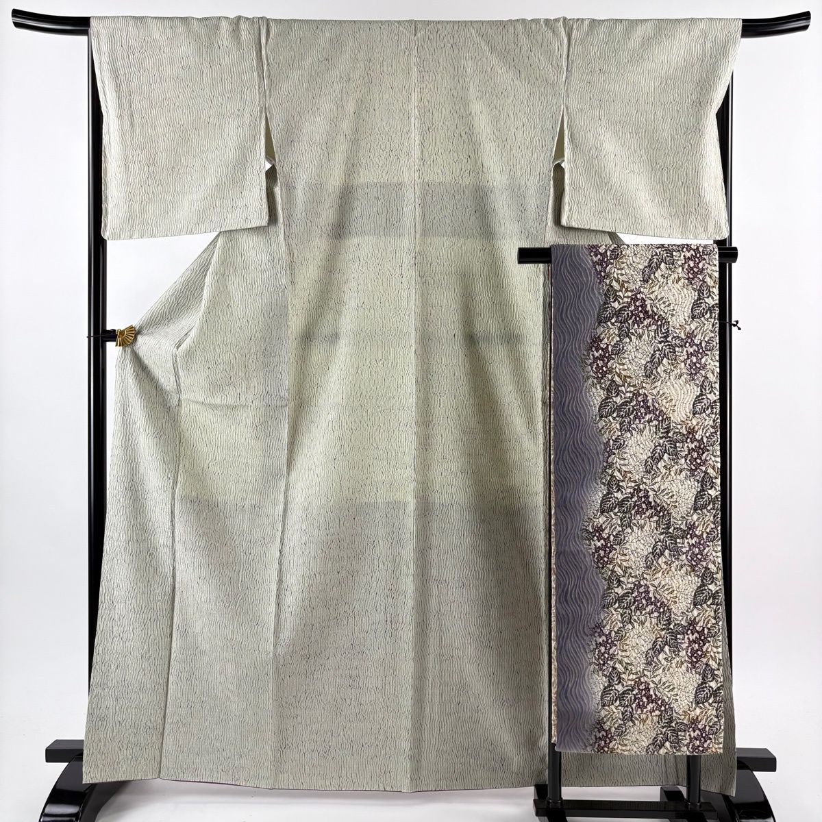 小紋 身丈166 5 cm 裄丈68 L 袷 開き名古屋セット 幾何学 絞り 薄緑 正絹