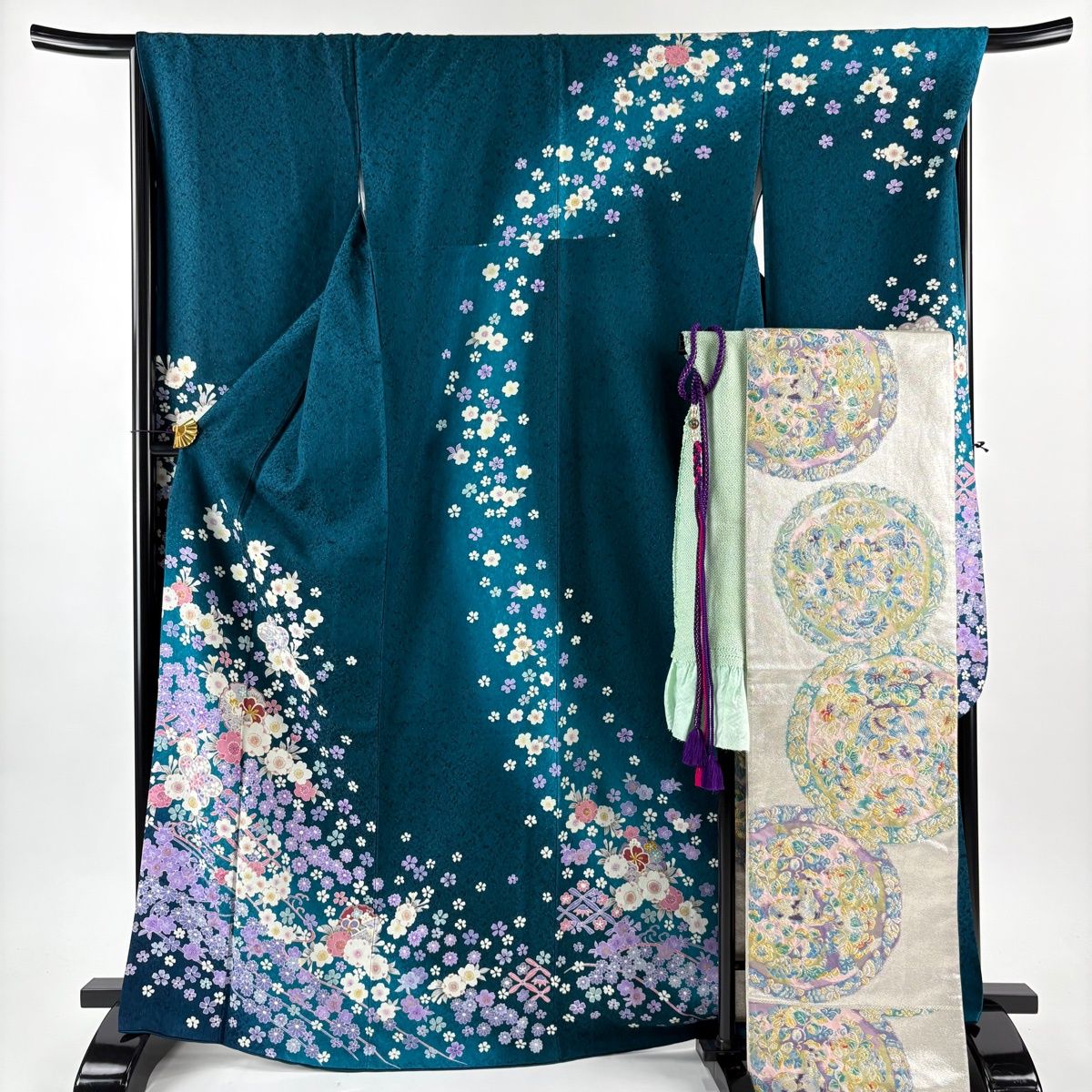 振袖 身丈169 cm 裄丈67.5 L 袷 袋帯フルセット 桜 雪輪 金通し 金彩 深緑 正絹