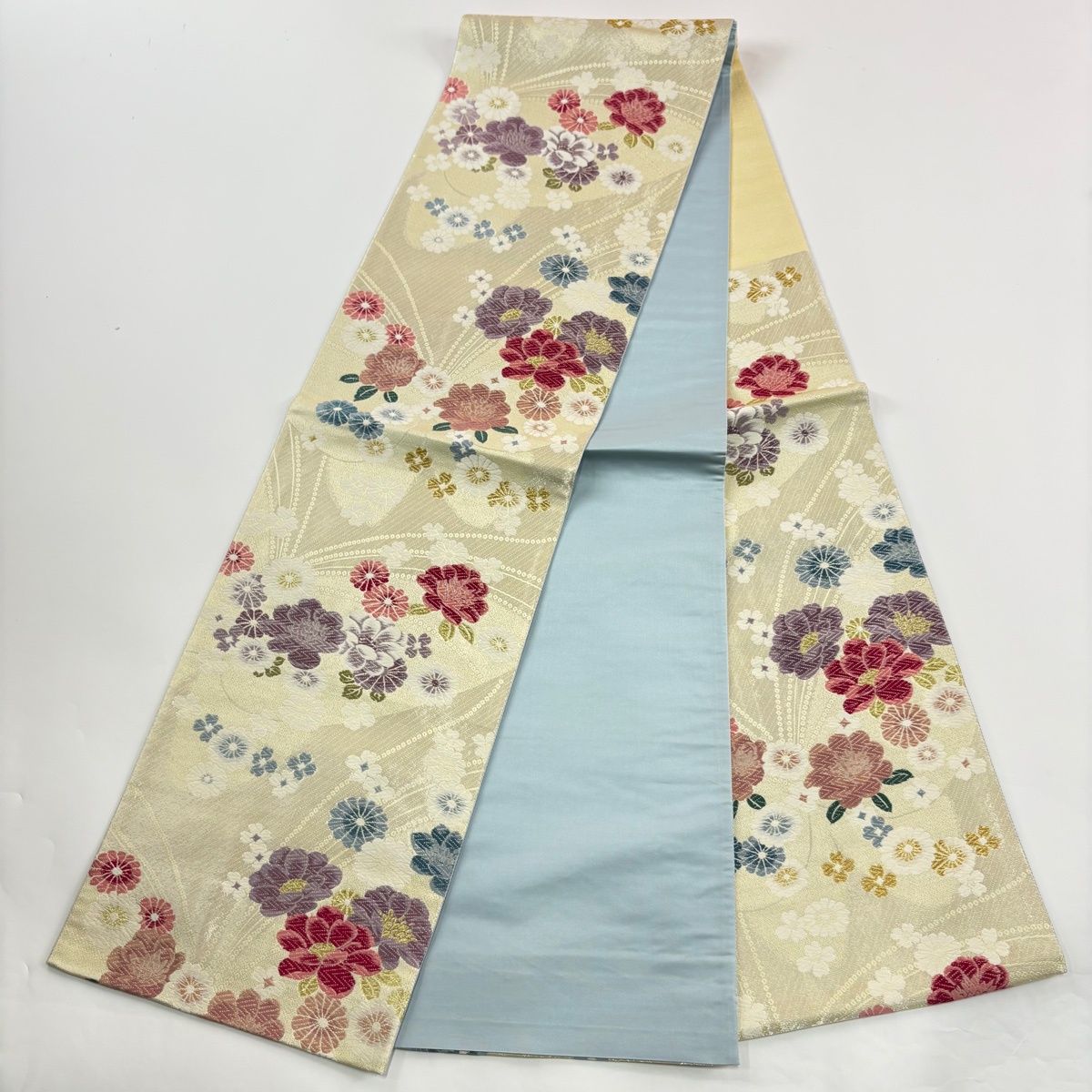  振袖 身丈170 cm 裄丈69.5 L 袷 袋帯フルセット 几帳 牡丹 金彩 赤紫 正絹 振袖 着物