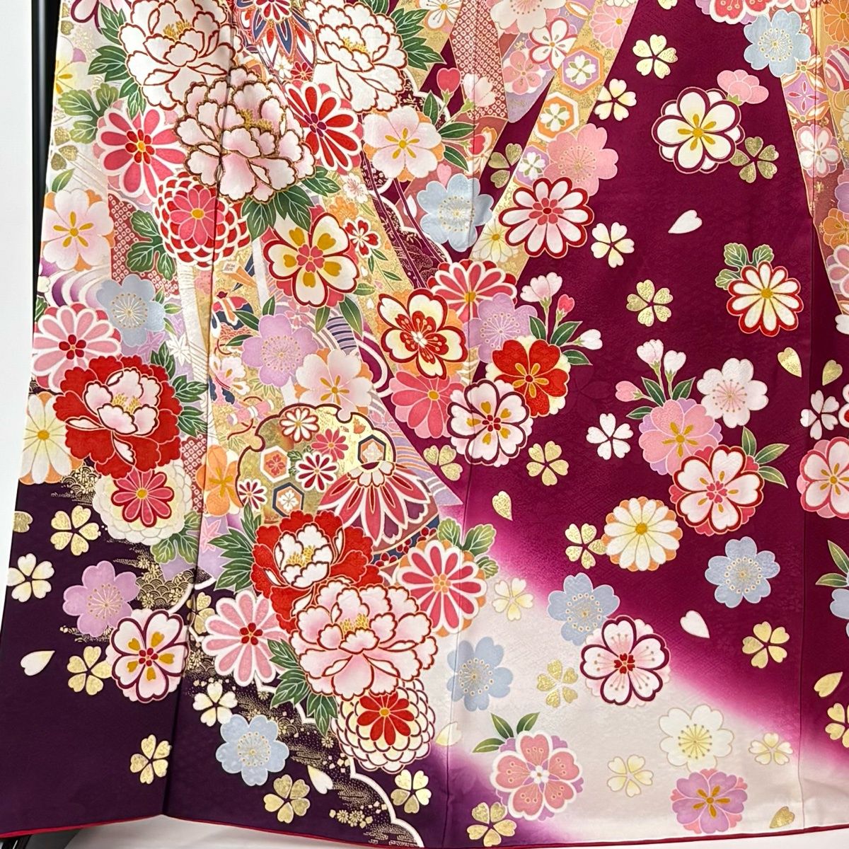 振袖 身丈170 cm 裄丈69.5 L 袷 袋帯フルセット 几帳 牡丹 金彩 赤紫 正絹 名品