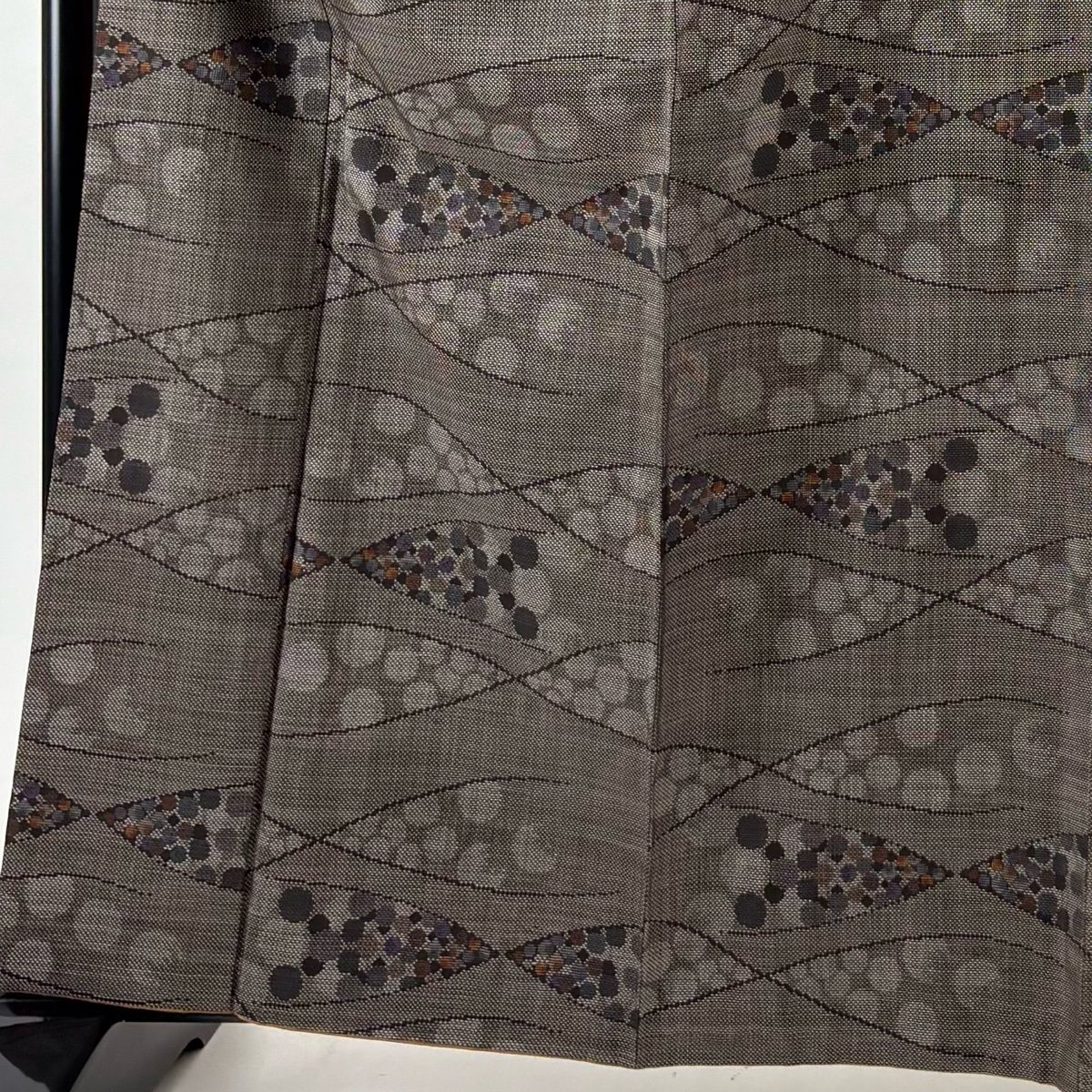 紬 身丈163cm 裄丈67.5cm L 袷 名古屋帯セット 幾何学 焦茶色 正絹 秀
