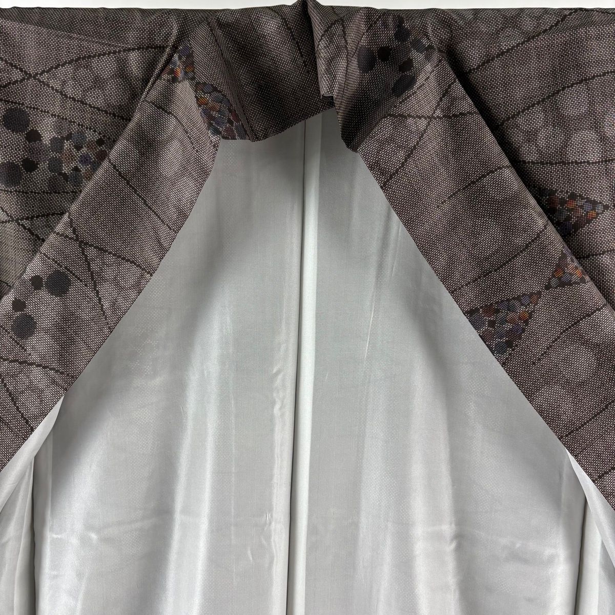 紬 身丈163cm 裄丈67.5cm L 袷 名古屋帯セット 幾何学 焦茶色 正絹 秀