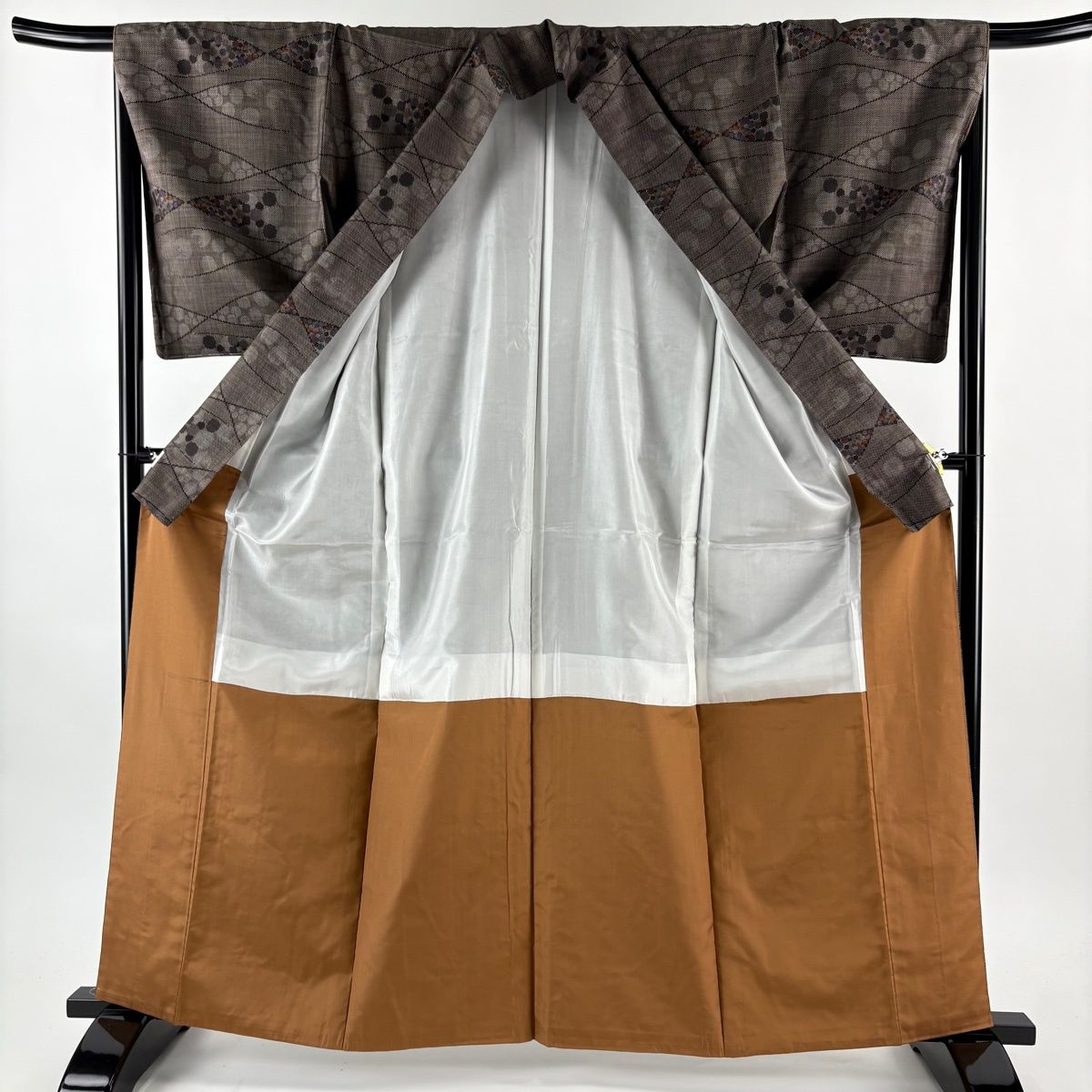 紬 身丈163cm 裄丈67.5cm L 袷 名古屋帯セット 幾何学 焦茶色 正絹 秀