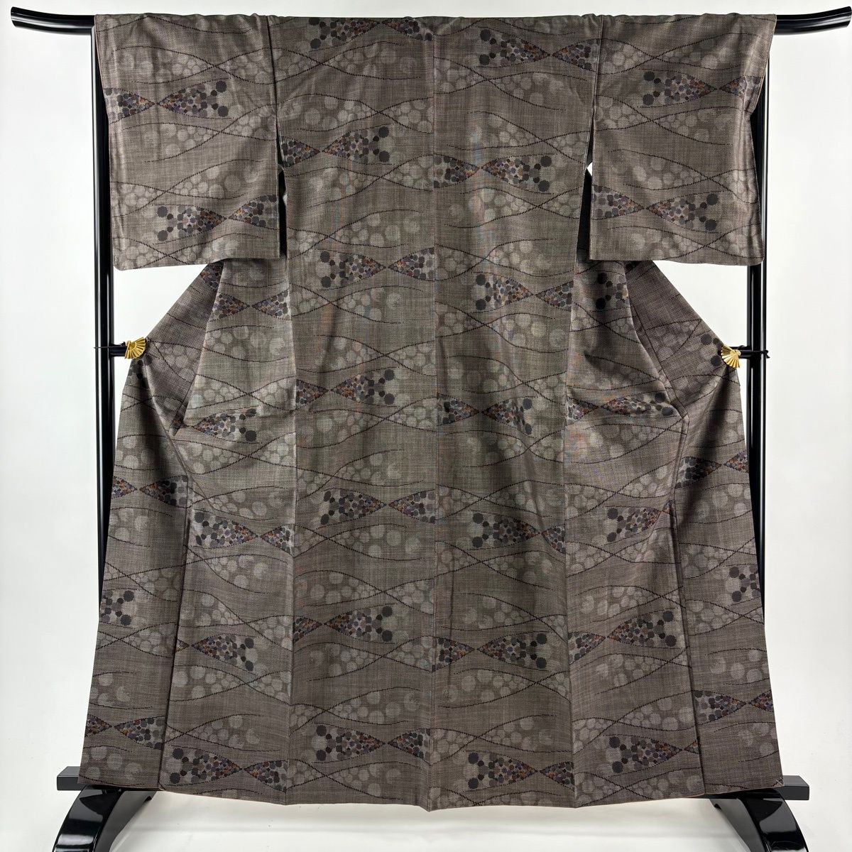 紬 身丈163cm 裄丈67.5cm L 袷 名古屋帯セット 幾何学 焦茶色 正絹 秀