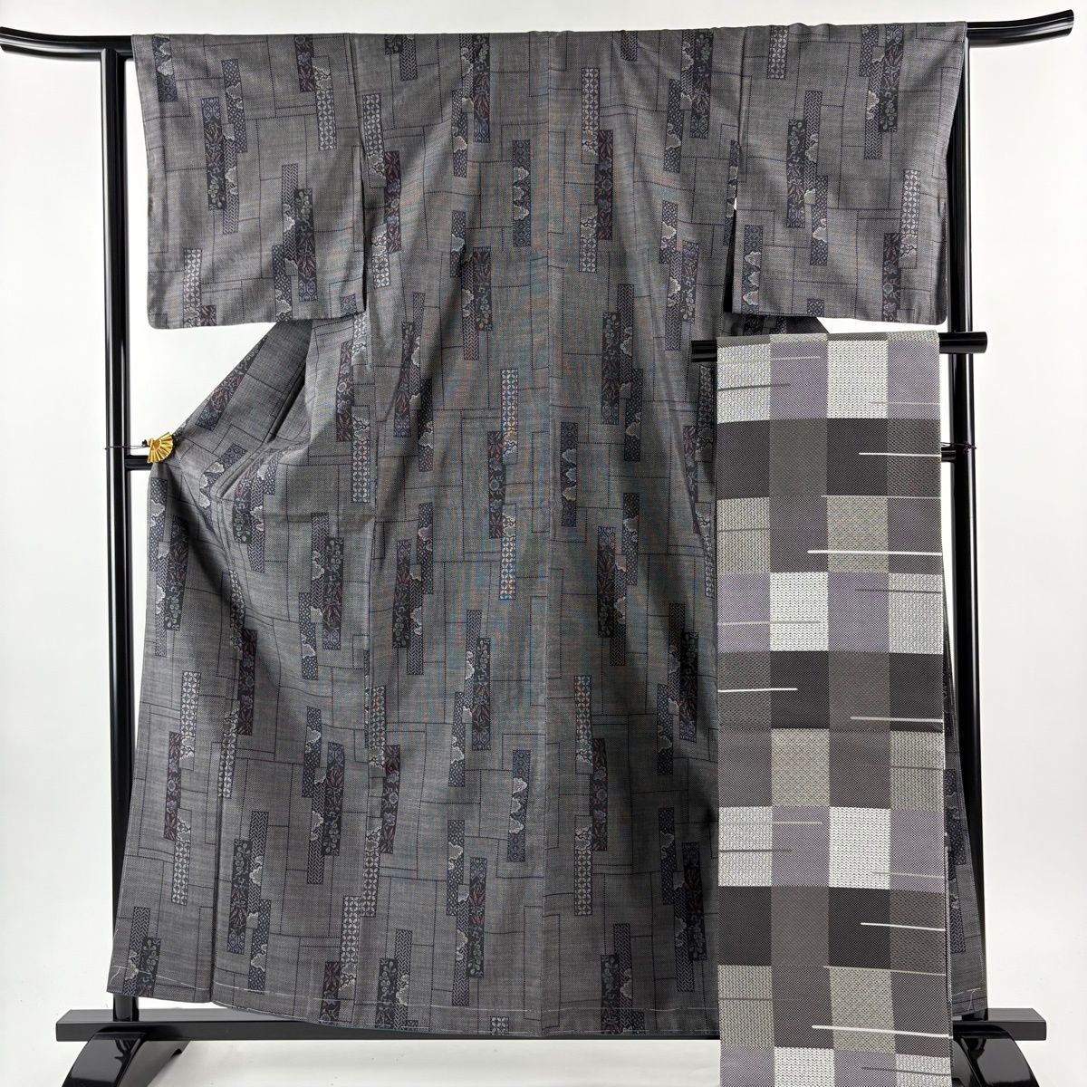 大島紬 身丈160 5 cm 裄丈64 M 袷 袋帯セット 短冊 七宝 黒灰 正絹 秀品