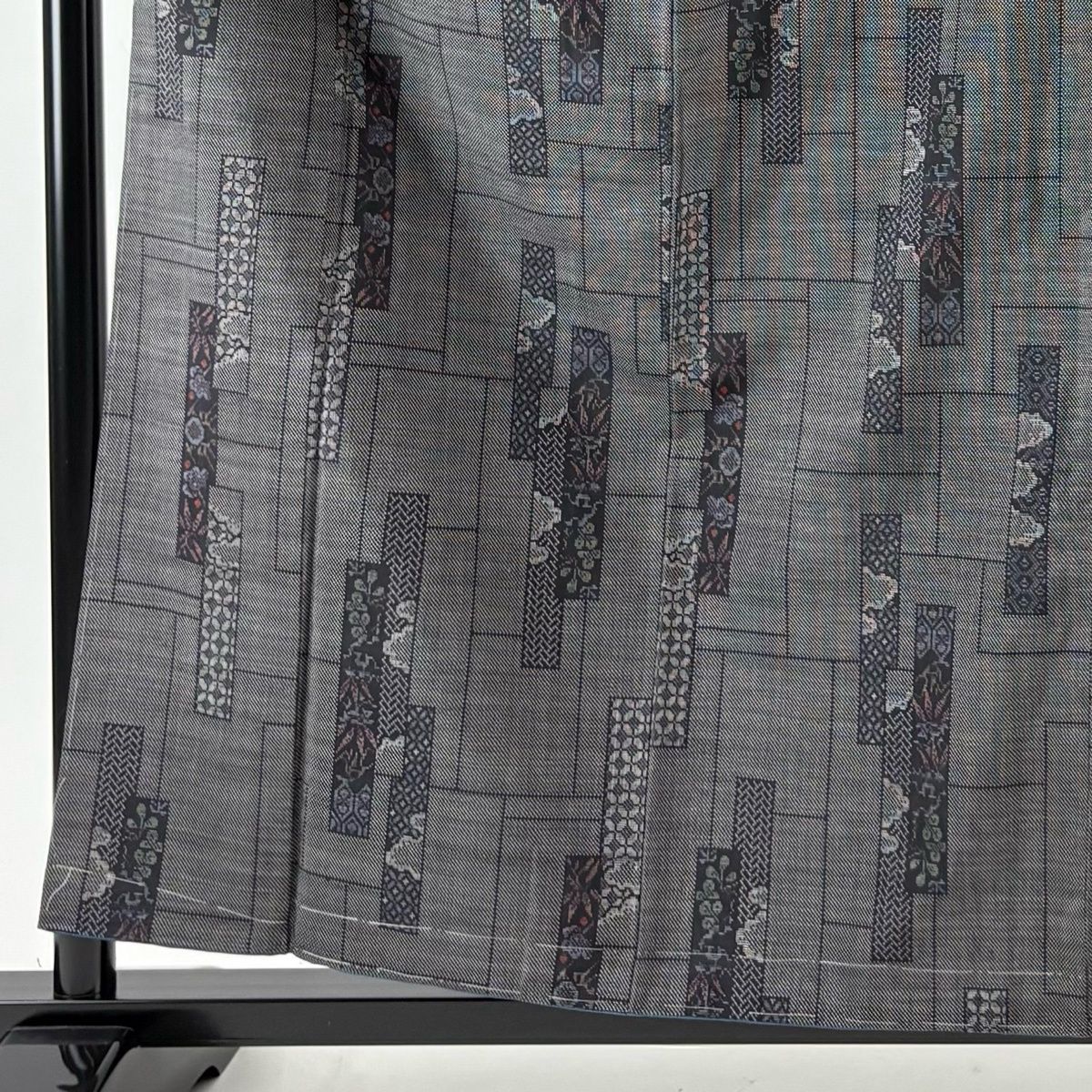 大島紬 身丈160.5 cm 裄丈64.5 M 袷 袋帯セット 短冊 七宝 黒灰 正絹 秀品