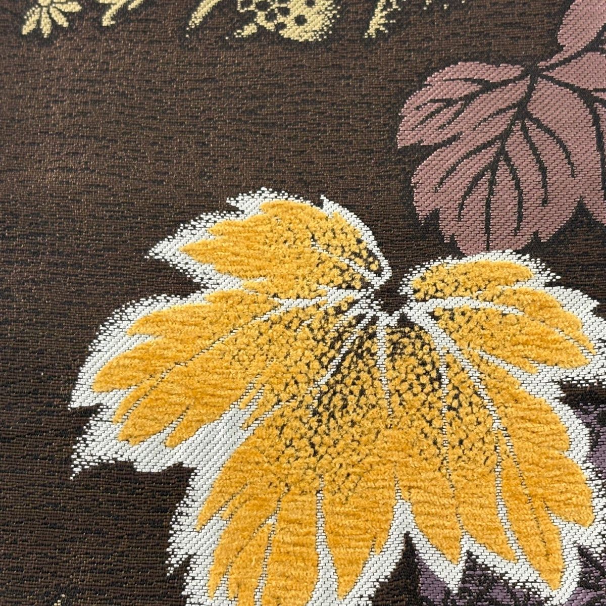 半幅帯 名品 やまと 葉柄 七宝 箔 焦茶色 正絹