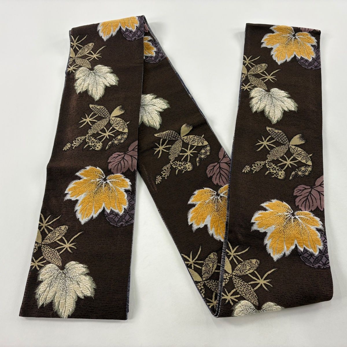  半幅帯 やまと 葉柄 七宝 箔 焦茶色 正絹 半巾 半幅 小袋帯 帯